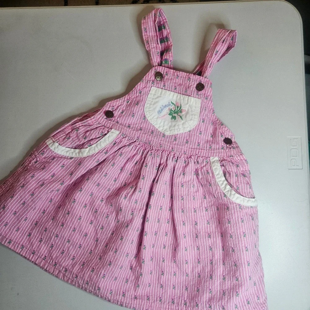 Vintage OshKosh Bgosh Pink Seersucker Floral Pinafore Dress Made in USA Size 4‎